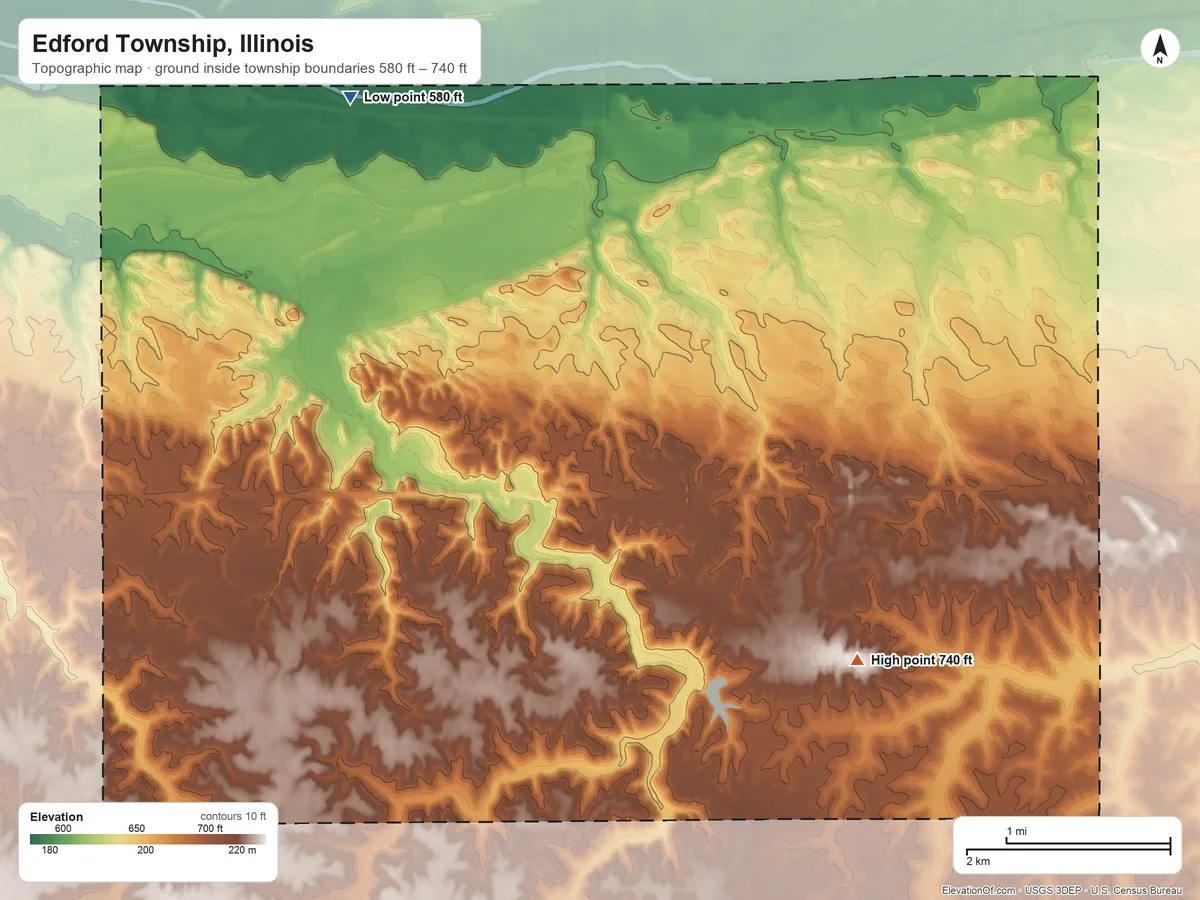 Topographic elevation map of Edford Township, Illinois, shaded from 580 ft on the northwest side to 740 ft on the southeast side