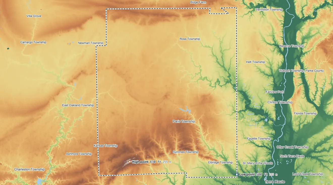 Topographic elevation map of Edgar County, Illinois, shaded from 500 ft on the southeast side to 830 ft on the southwest side