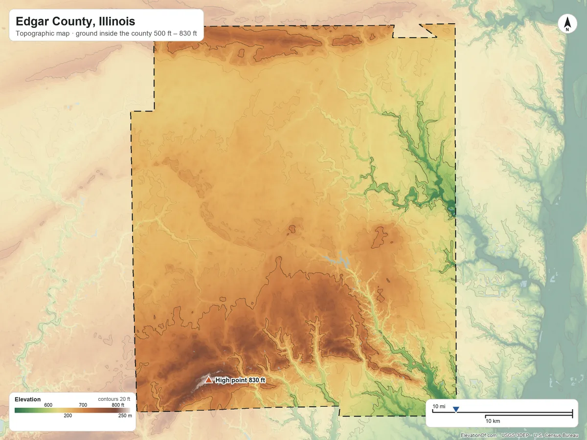 Topographic elevation map of Edgar County, Illinois, shaded from 500 ft on the southeast side to 830 ft on the southwest side