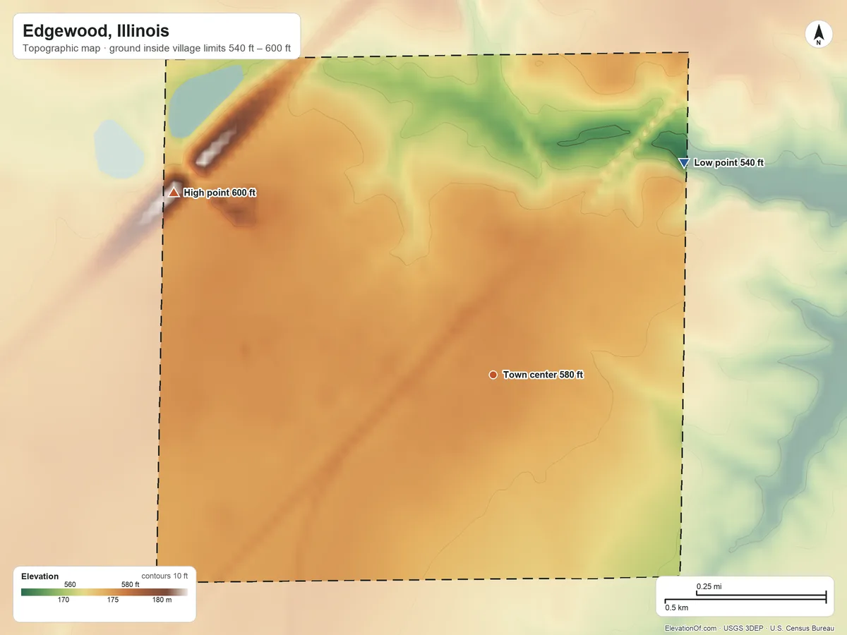 Topographic elevation map of Edgewood, Illinois, shaded from 540 ft on the northeast side to 600 ft on the northwest side