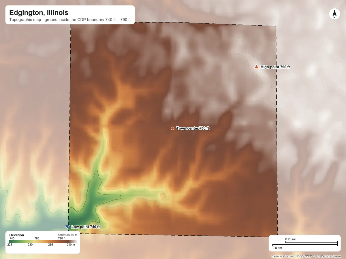 Topographic elevation map of Edgington, Illinois, shaded from 740 ft on the southwest side to 790 ft on the northeast side