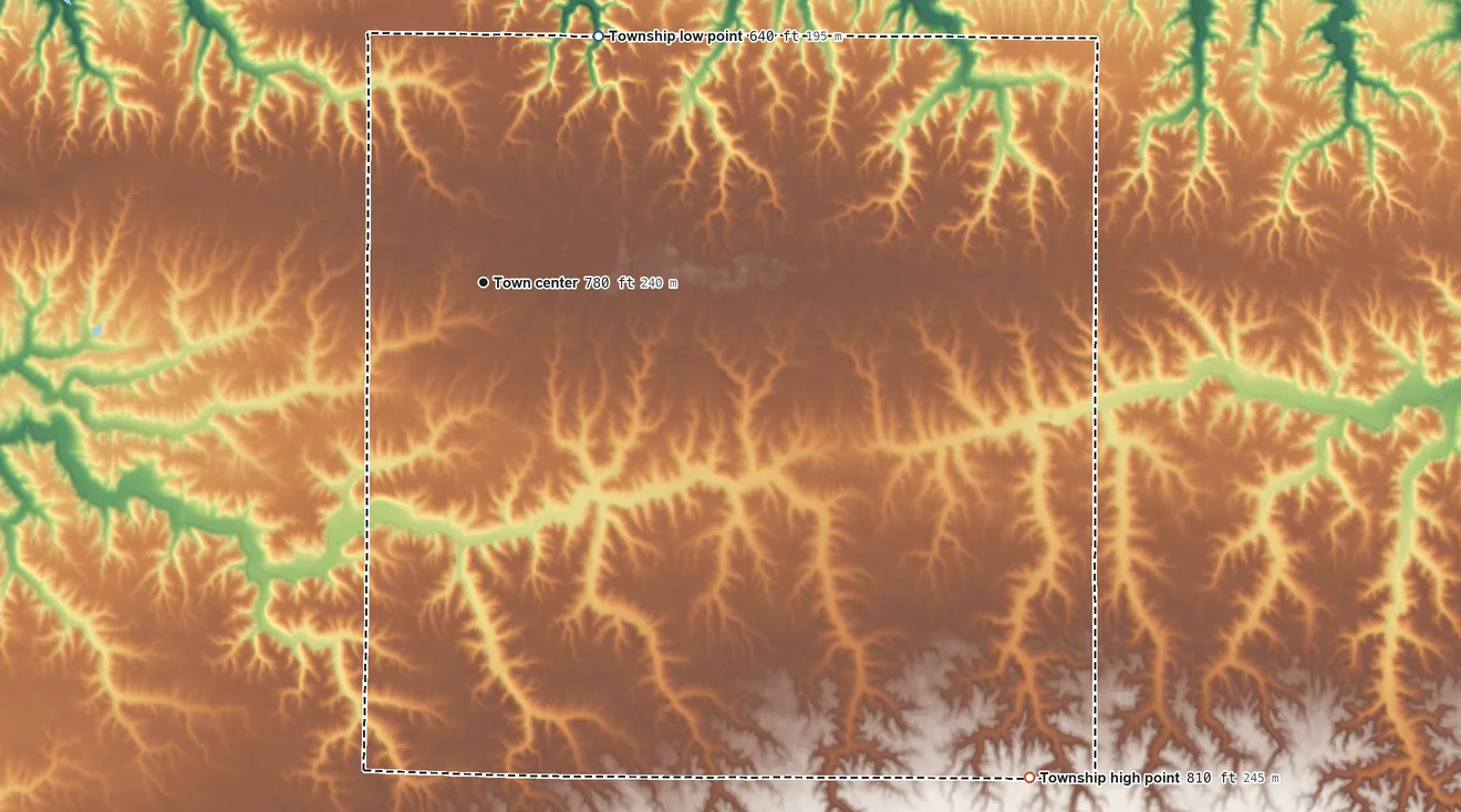 Topographic elevation map of Edgington Township, Illinois, shaded from 640 ft on the northeast side to 810 ft on the southeast side