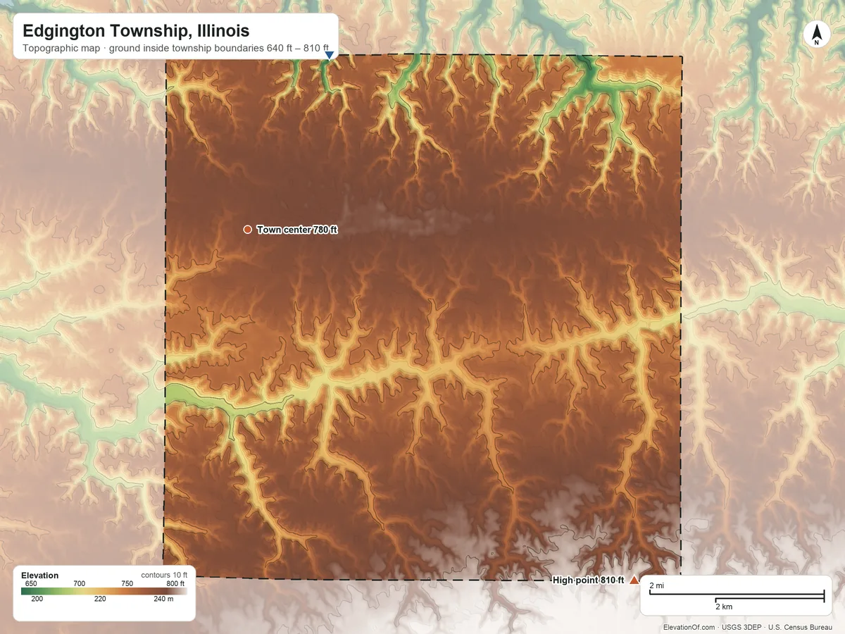 Topographic elevation map of Edgington Township, Illinois, shaded from 640 ft on the northeast side to 810 ft on the southeast side