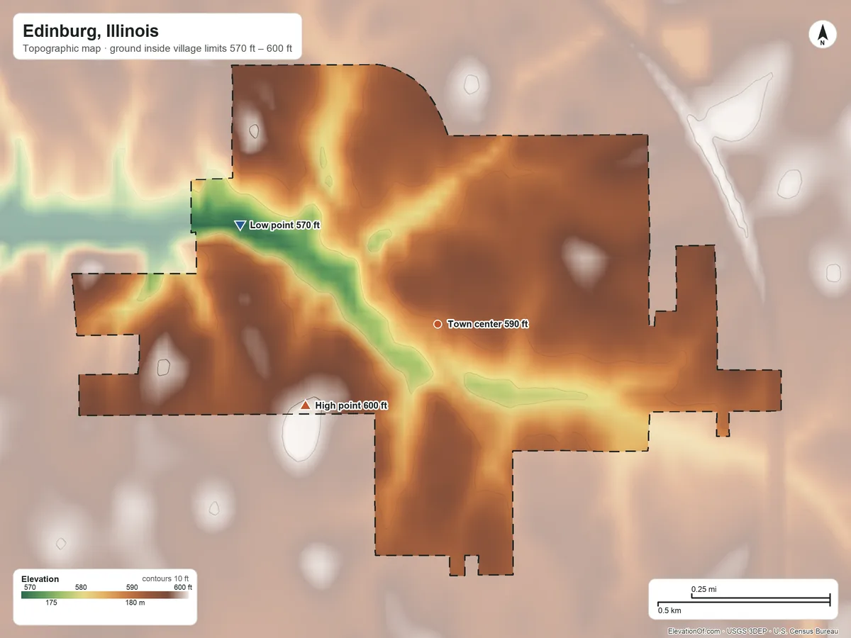 Topographic elevation map of Edinburg, Illinois, shaded from 570 ft on the northwest side to 600 ft on the southwest side