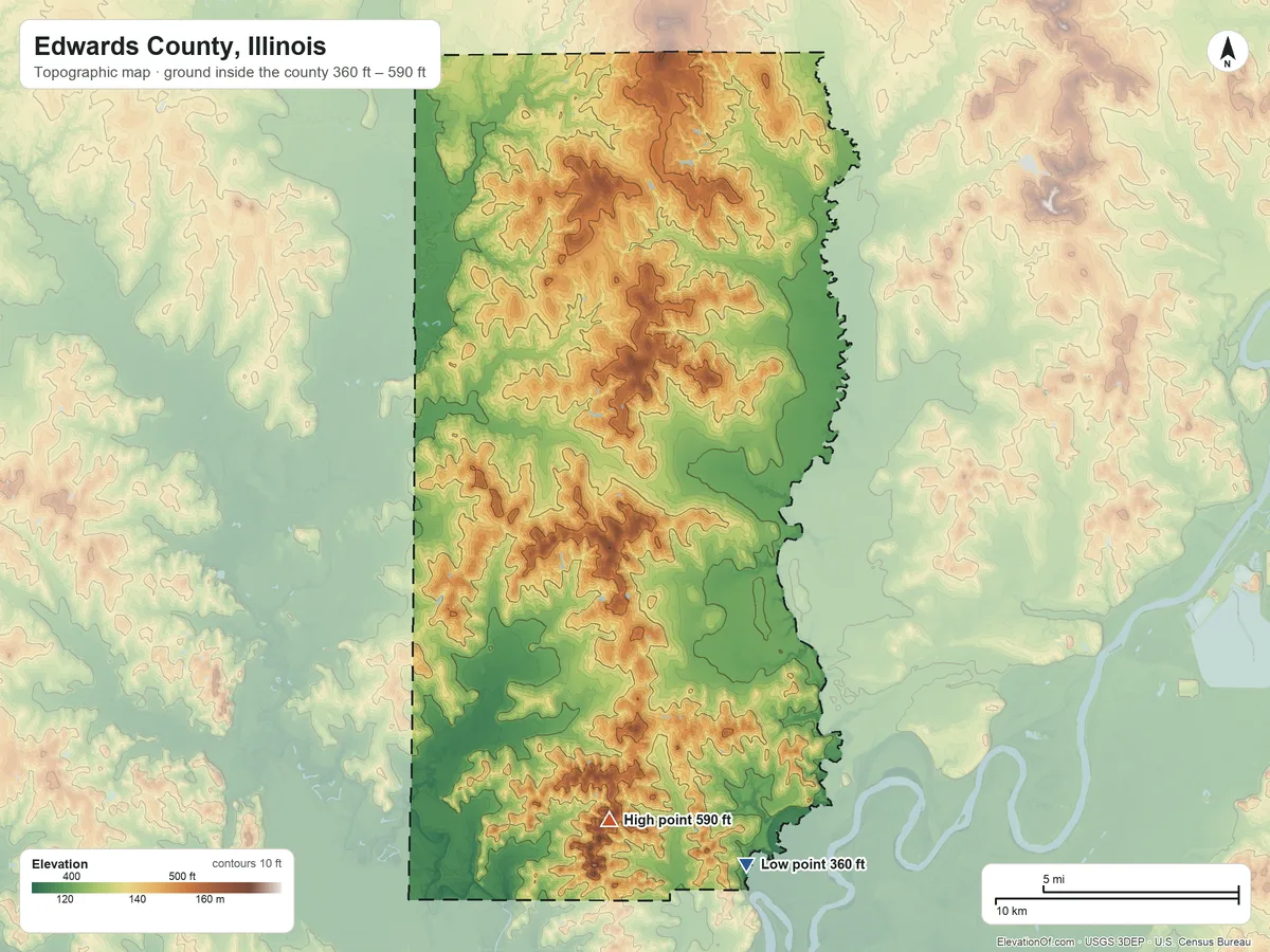 Topographic elevation map of Edwards County, Illinois, shaded from 360 ft on the south side to 590 ft on the south side