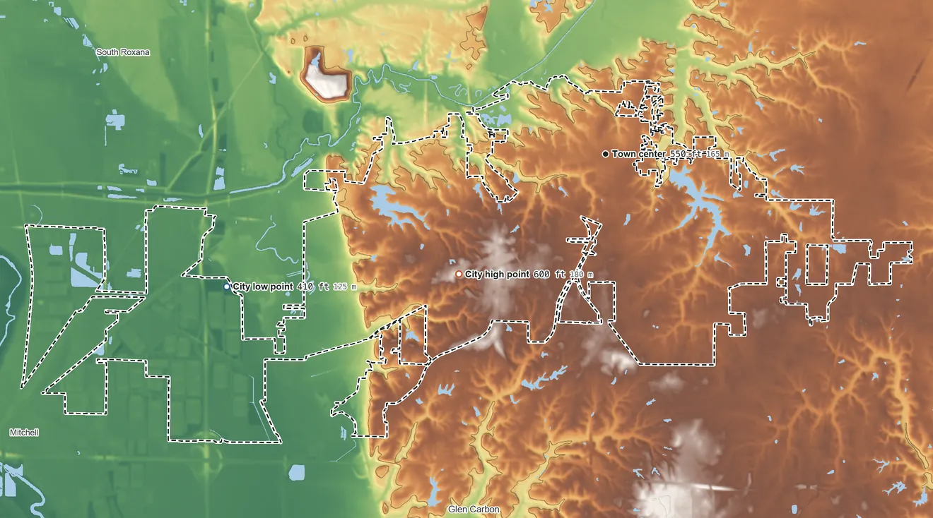 Topographic elevation map of Edwardsville, Illinois, shaded from 410 ft on the west side to 600 ft on the southwest side