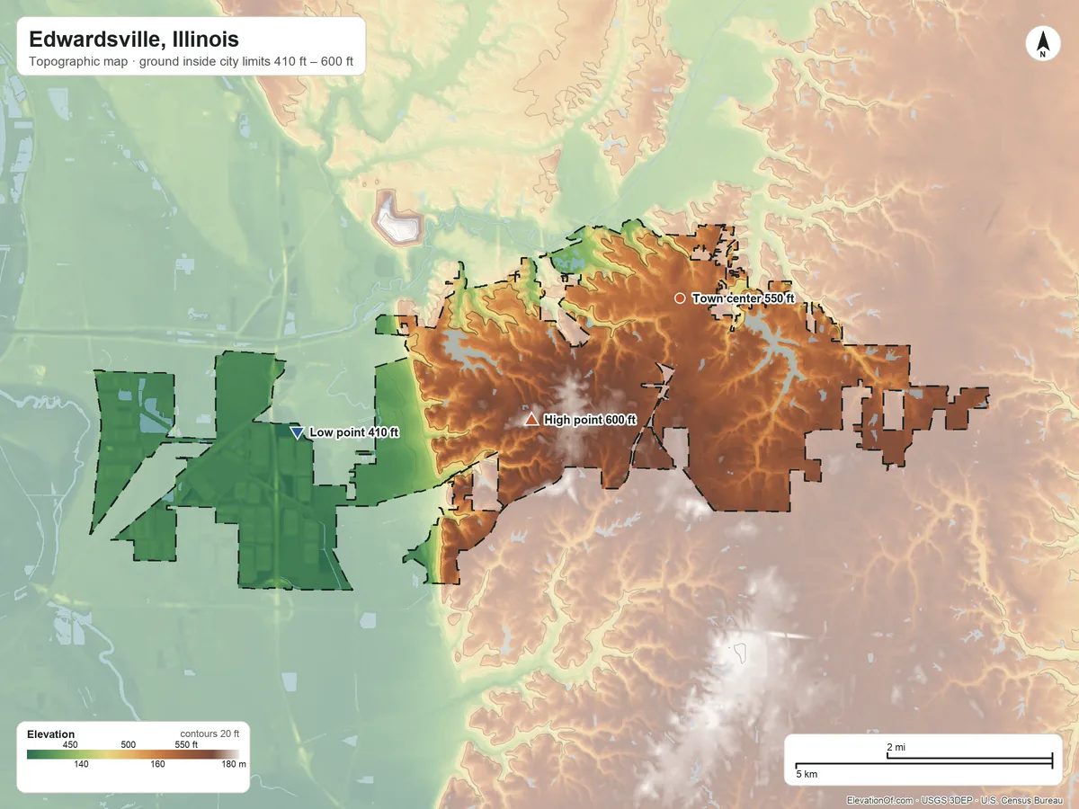Topographic elevation map of Edwardsville, Illinois, shaded from 410 ft on the west side to 600 ft on the southwest side