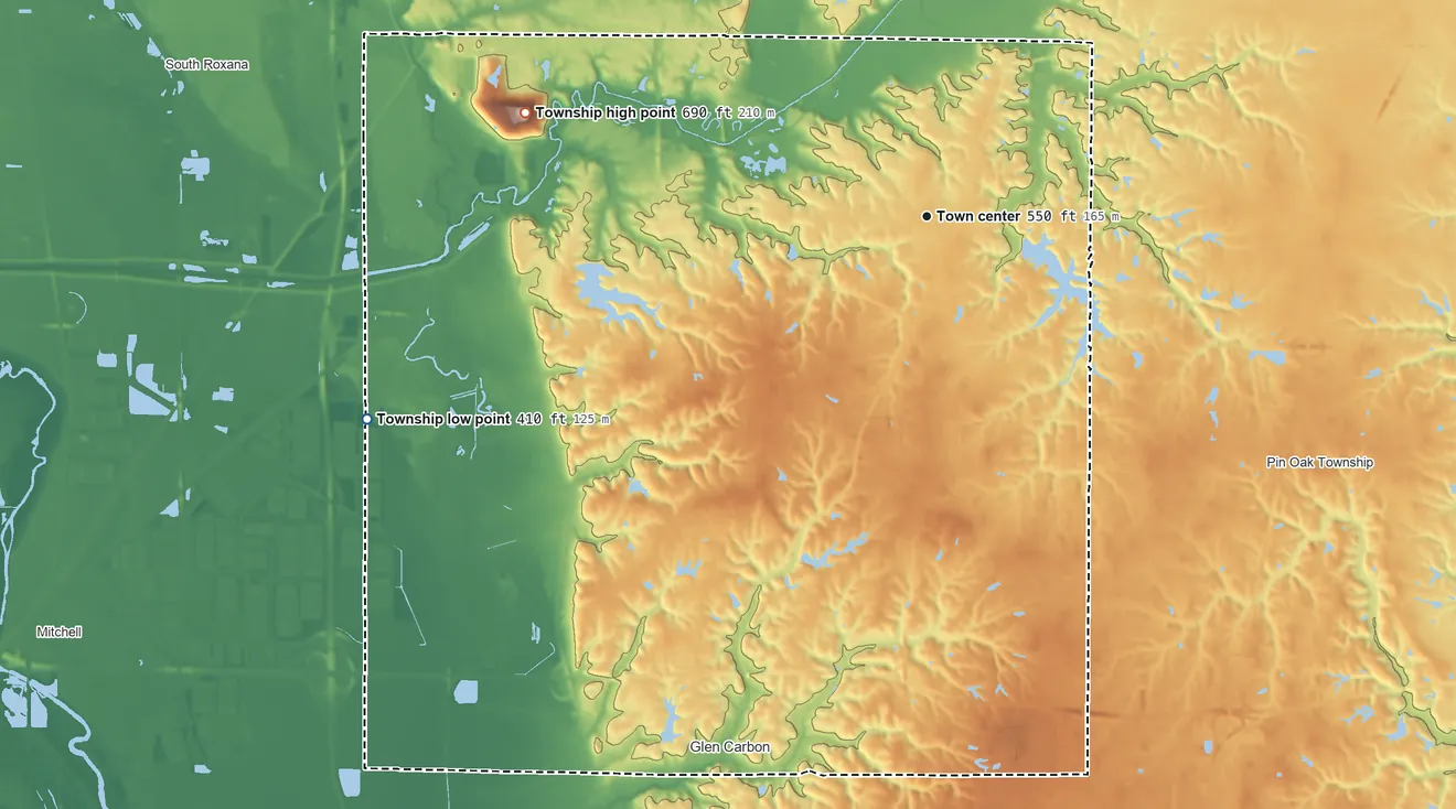 Topographic elevation map of Edwardsville Township, Illinois, shaded from 410 ft on the west side to 690 ft on the west side