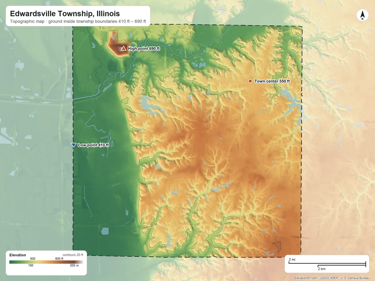 Topographic elevation map of Edwardsville Township, Illinois, shaded from 410 ft on the west side to 690 ft on the west side