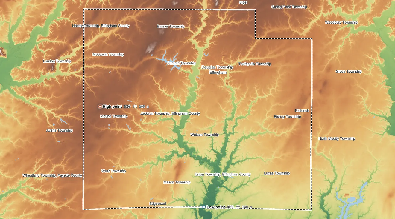 Topographic elevation map of Effingham County, Illinois, shaded from 460 ft on the south side to 680 ft on the west side