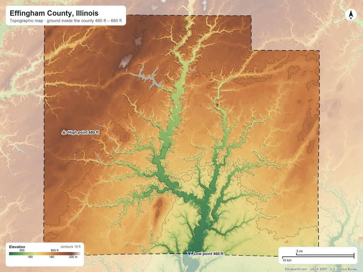 Topographic elevation map of Effingham County, Illinois, shaded from 460 ft on the south side to 680 ft on the west side