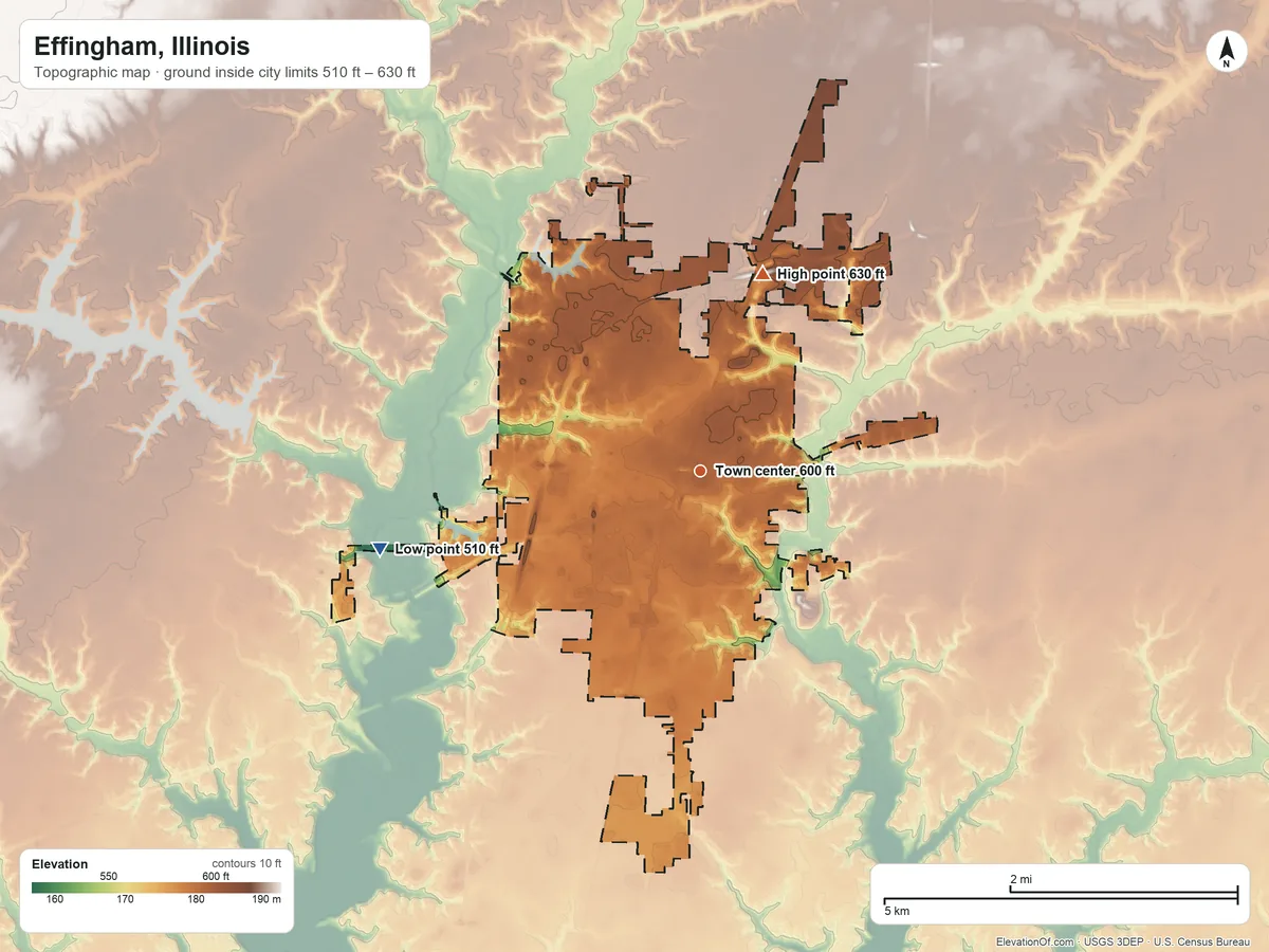 Topographic elevation map of Effingham, Illinois, shaded from 510 ft on the west side to 630 ft on the north side