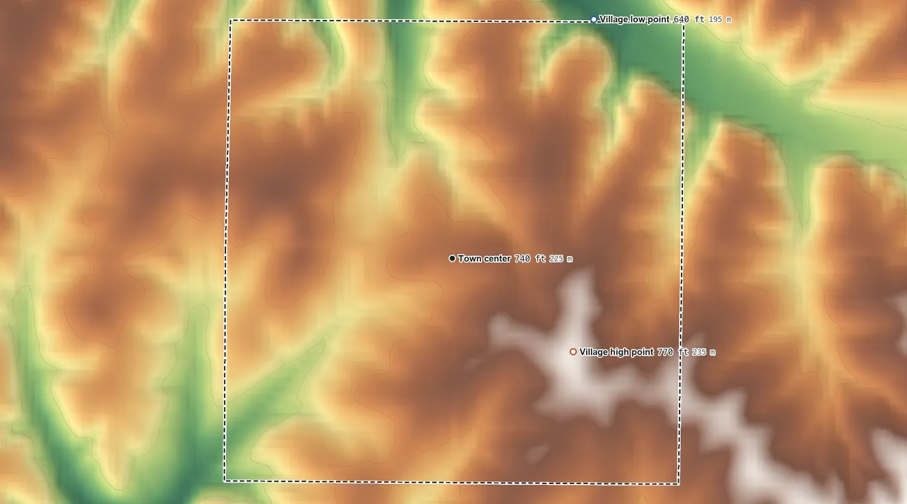 Topographic elevation map of El Dara, Illinois, shaded from 640 ft on the northeast side to 770 ft on the southeast side
