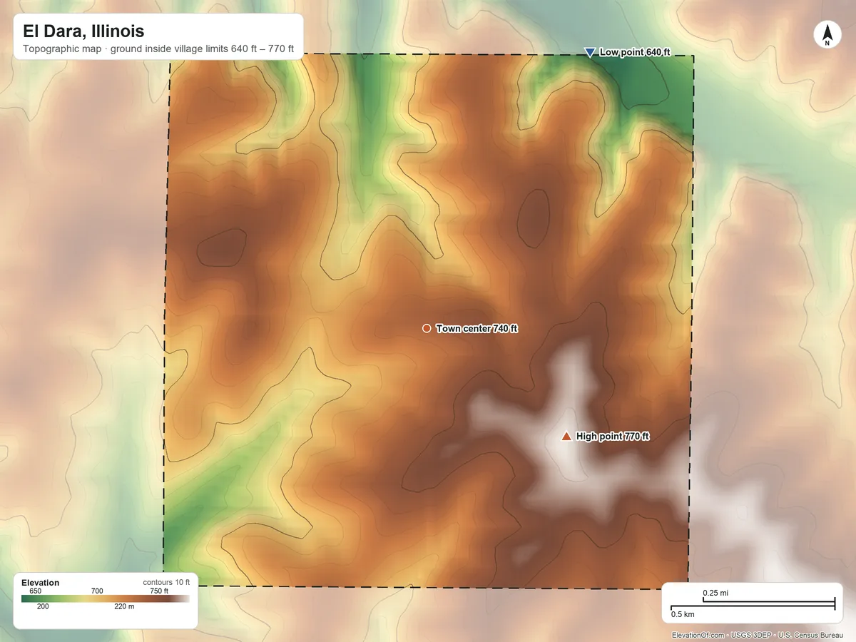 Topographic elevation map of El Dara, Illinois, shaded from 640 ft on the northeast side to 770 ft on the southeast side