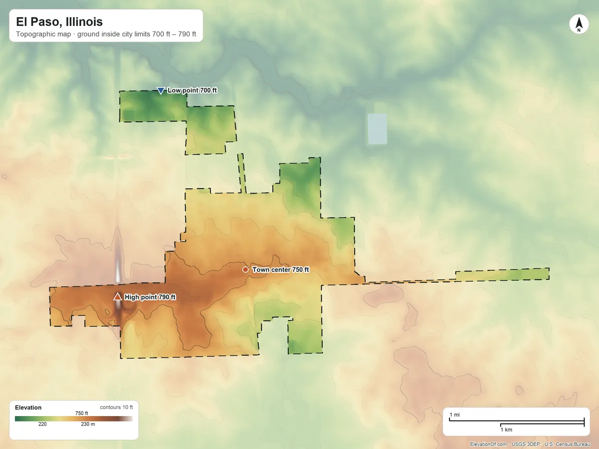 Topographic elevation map of El Paso, Illinois, shaded from 700 ft on the northwest side to 790 ft on the west side