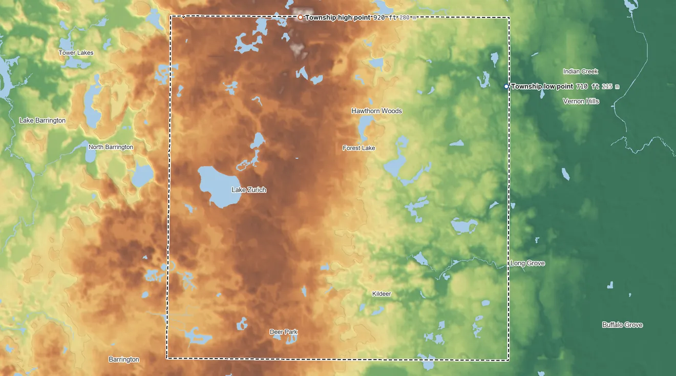 Topographic elevation map of Ela Township, Illinois, shaded from 710 ft on the northeast side to 920 ft on the north side