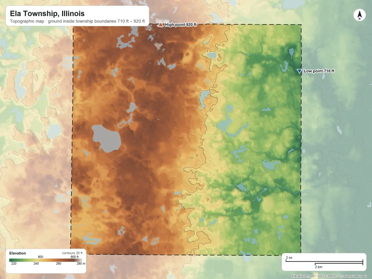 Topographic elevation map of Ela Township, Illinois, shaded from 710 ft on the northeast side to 920 ft on the north side