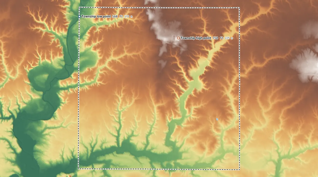 Topographic elevation map of Elba Township, Illinois, shaded from 560 ft on the northwest side to 750 ft on the north side