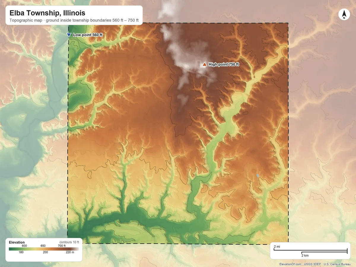 Topographic elevation map of Elba Township, Illinois, shaded from 560 ft on the northwest side to 750 ft on the north side