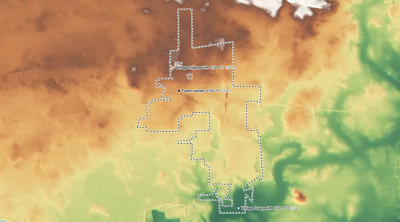 Topographic elevation map of Elburn, Illinois, shaded from 740 ft on the southeast side to 930 ft on the north side