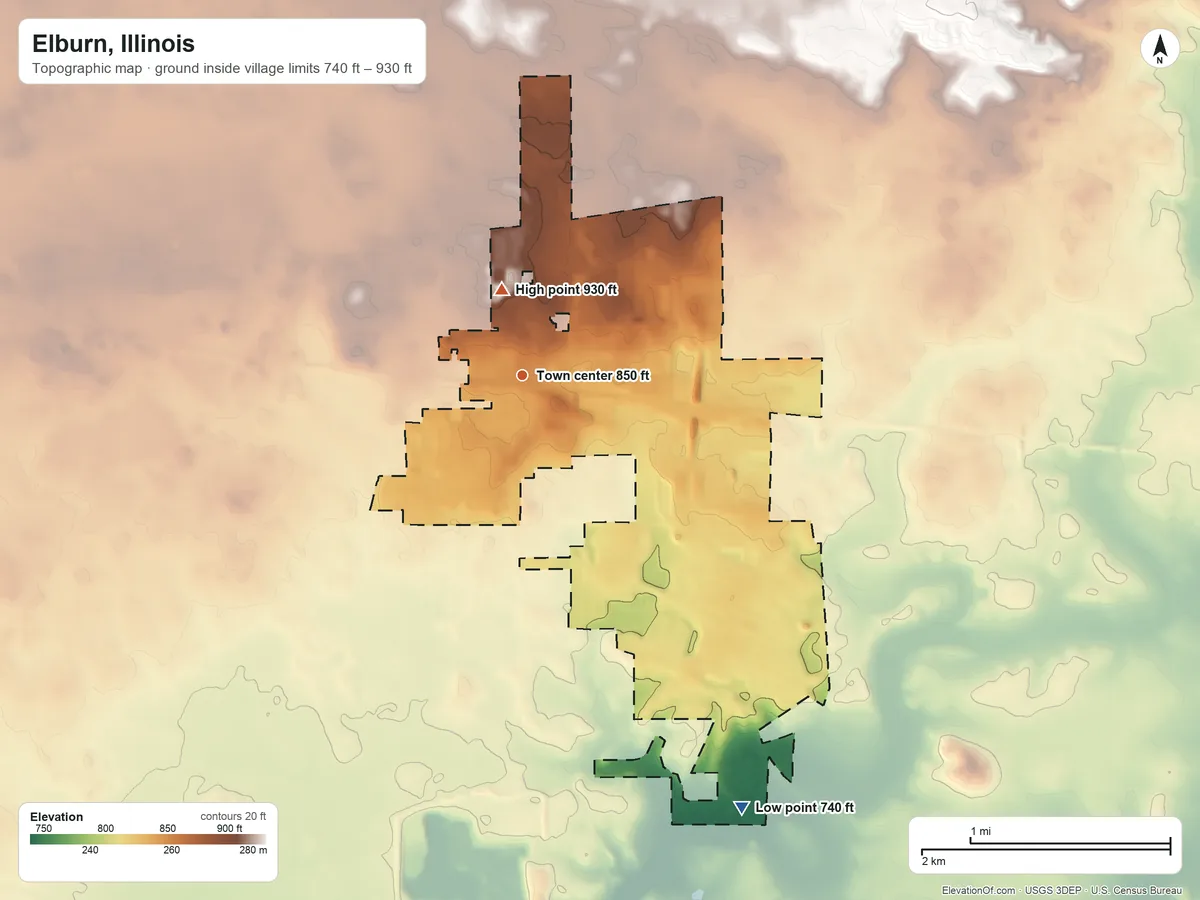 Topographic elevation map of Elburn, Illinois, shaded from 740 ft on the southeast side to 930 ft on the north side