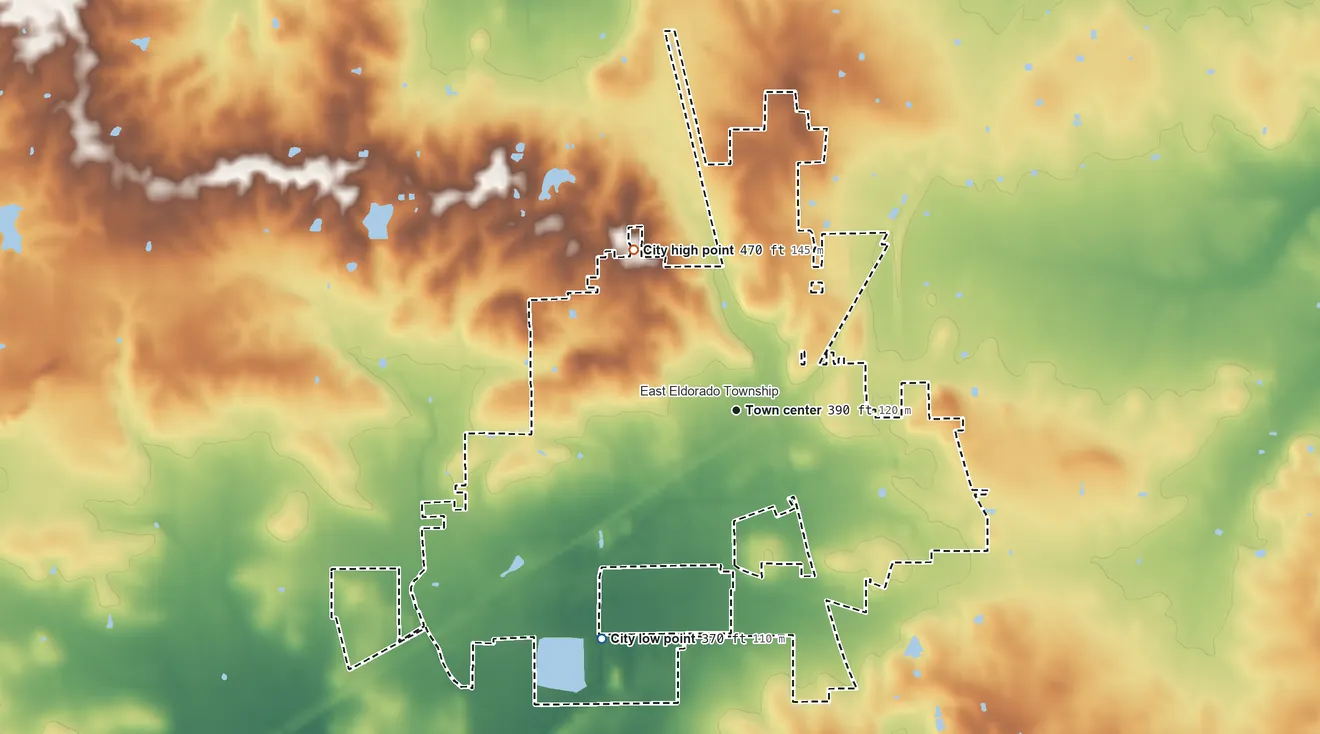 Topographic elevation map of Eldorado, Illinois, shaded from 370 ft on the southwest side to 470 ft on the northwest side