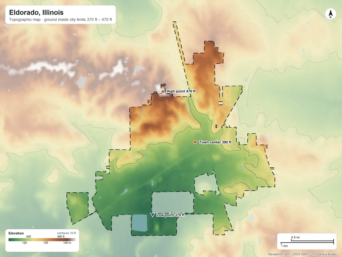 Topographic elevation map of Eldorado, Illinois, shaded from 370 ft on the southwest side to 470 ft on the northwest side