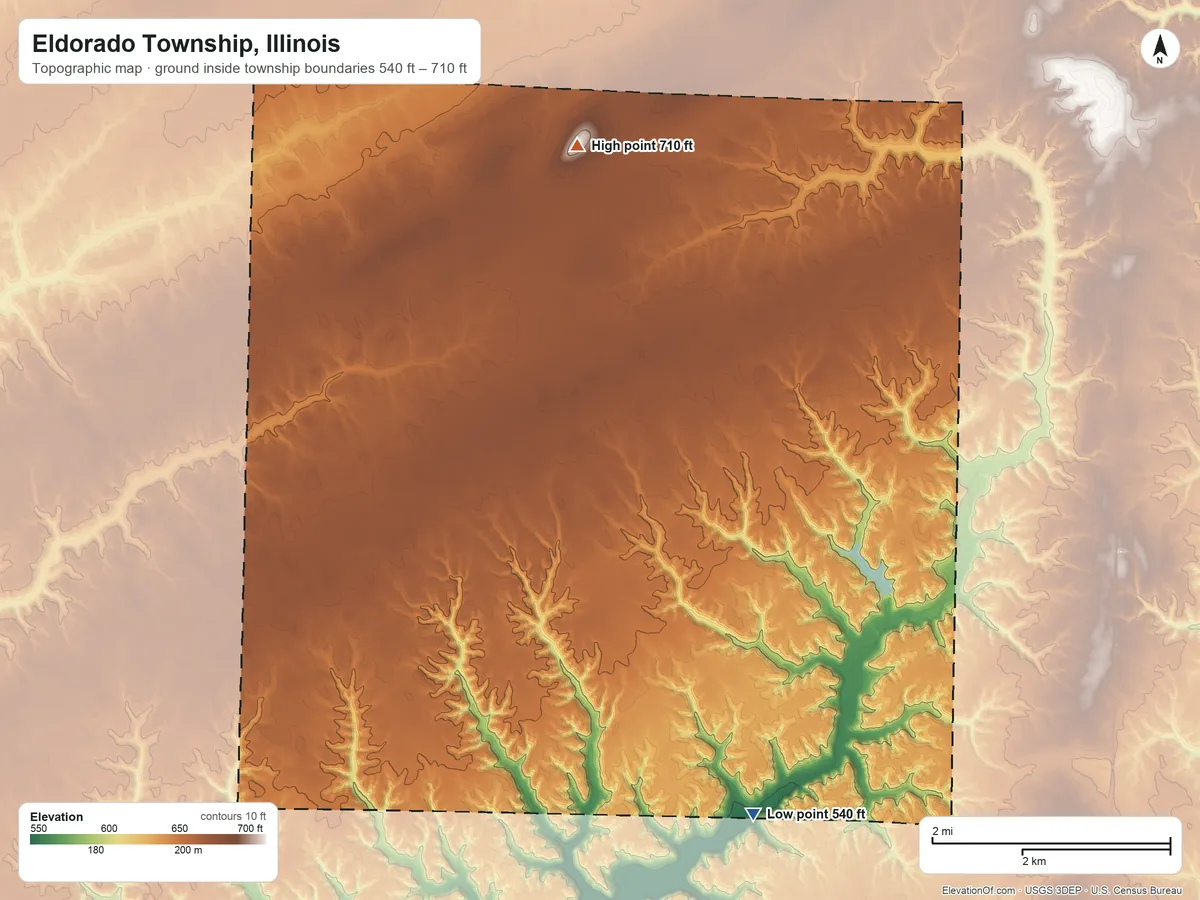 Topographic elevation map of Eldorado Township, Illinois, shaded from 540 ft on the southeast side to 710 ft on the north side
