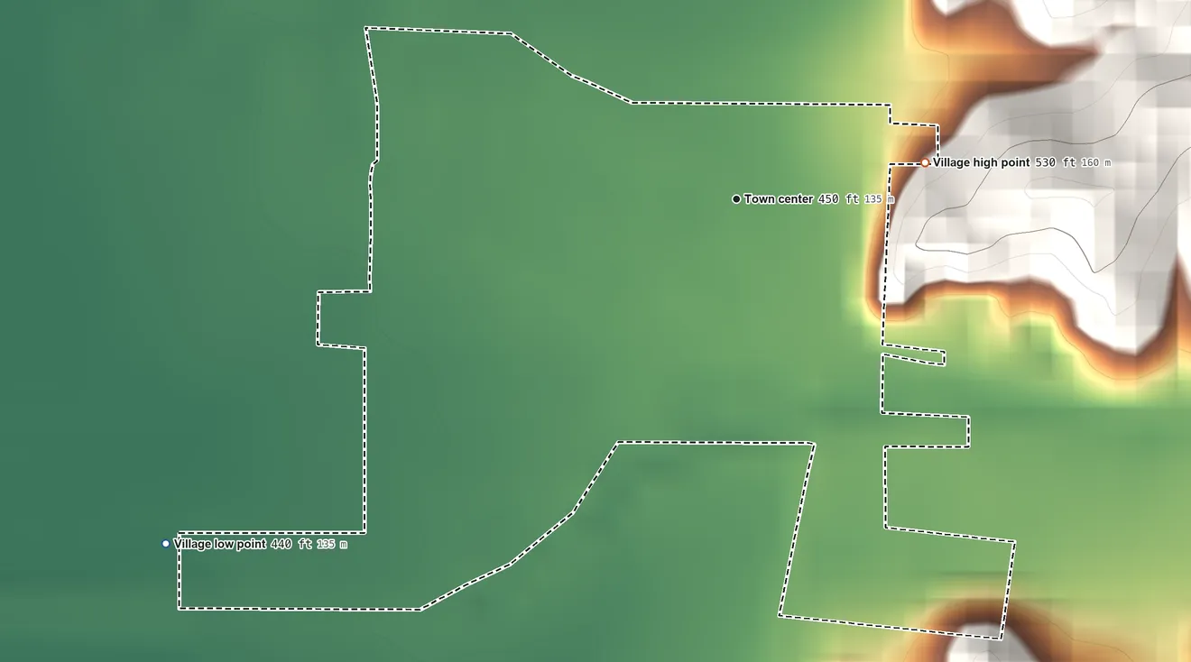 Topographic elevation map of Eldred, Illinois, shaded from 440 ft on the southwest side to 530 ft on the east side