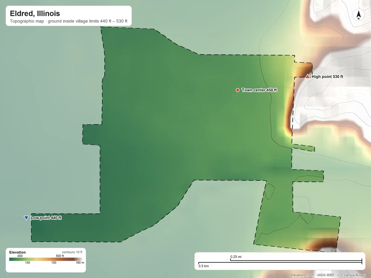 Topographic elevation map of Eldred, Illinois, shaded from 440 ft on the southwest side to 530 ft on the east side