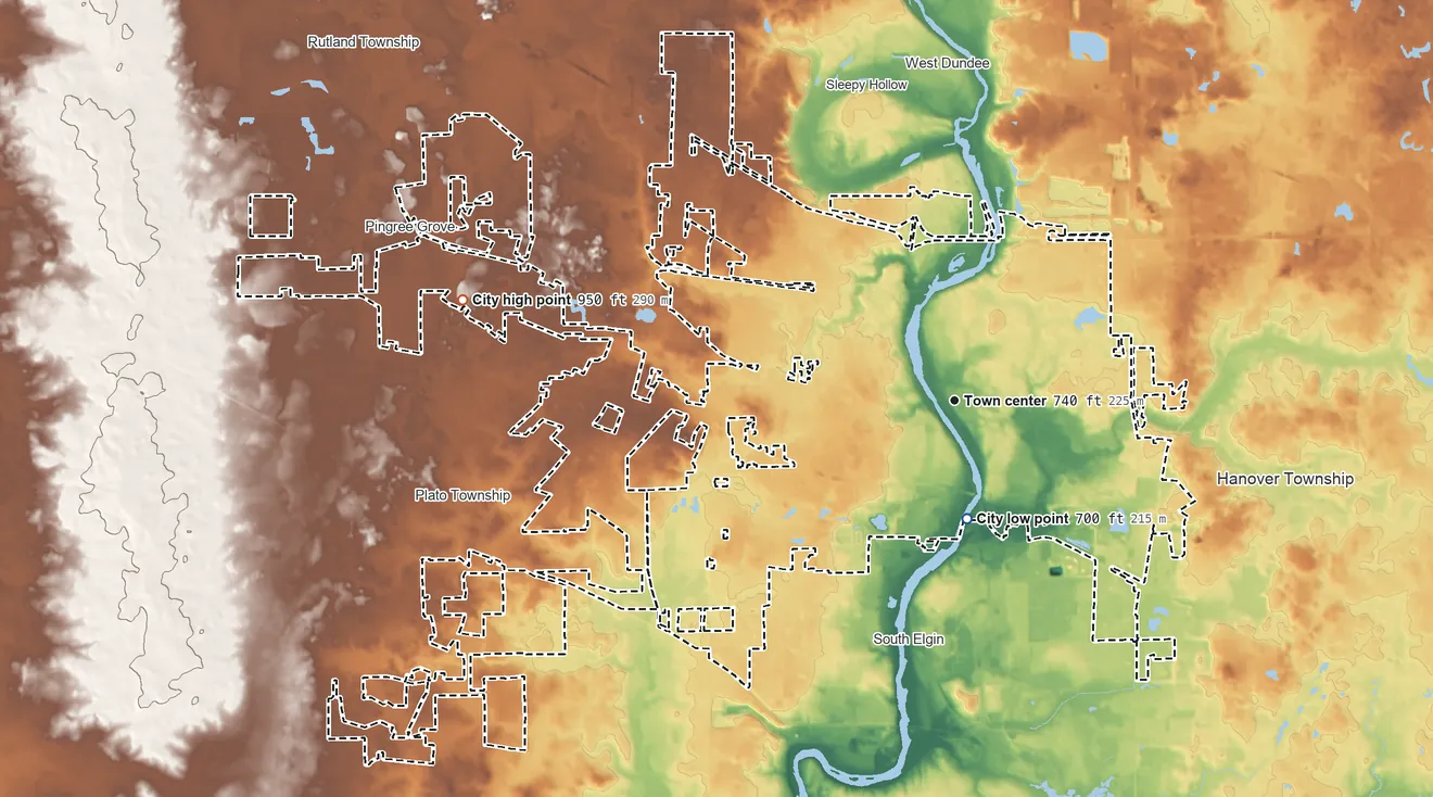 Topographic elevation map of Elgin, Illinois, shaded from 700 ft near the middle to 950 ft on the west side