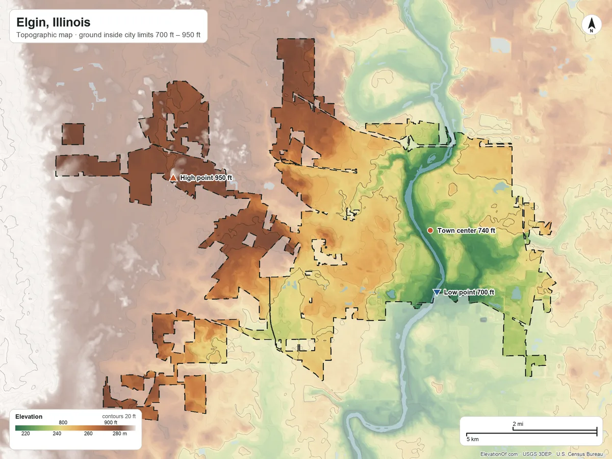 Topographic elevation map of Elgin, Illinois, shaded from 700 ft near the middle to 950 ft on the west side