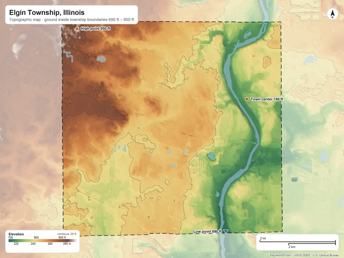 Topographic elevation map of Elgin Township, Illinois, shaded from 690 ft on the south side to 950 ft on the northwest side