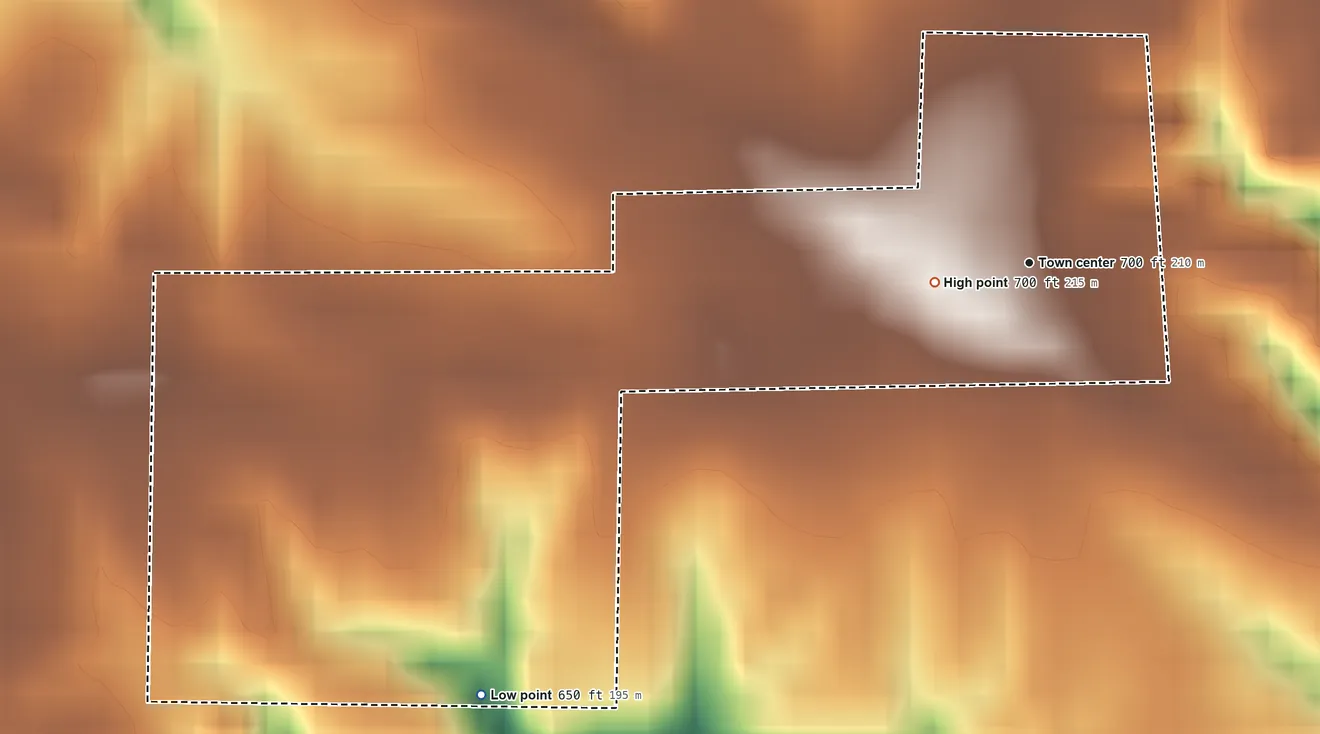Topographic elevation map of Eliza, Illinois, shaded from 650 ft on the southwest side to 700 ft near the middle