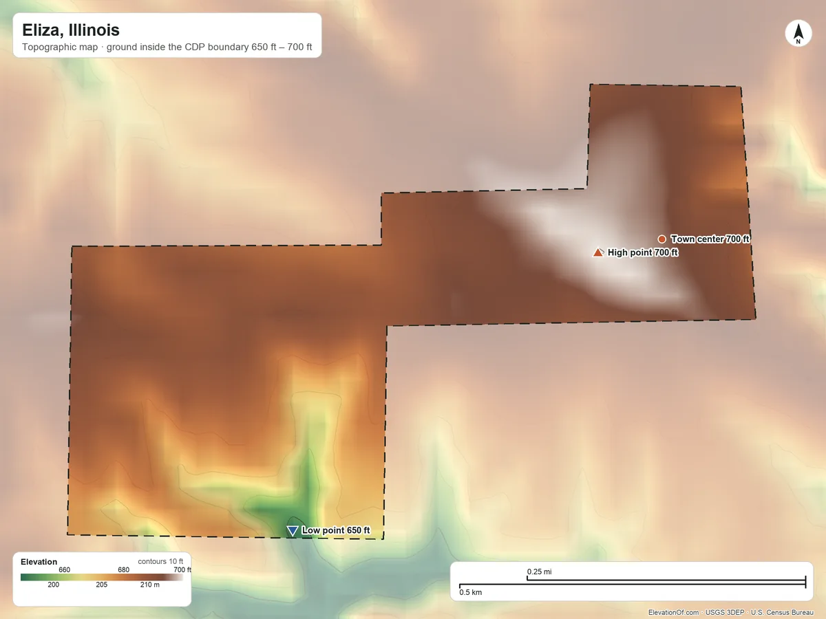 Topographic elevation map of Eliza, Illinois, shaded from 650 ft on the southwest side to 700 ft near the middle