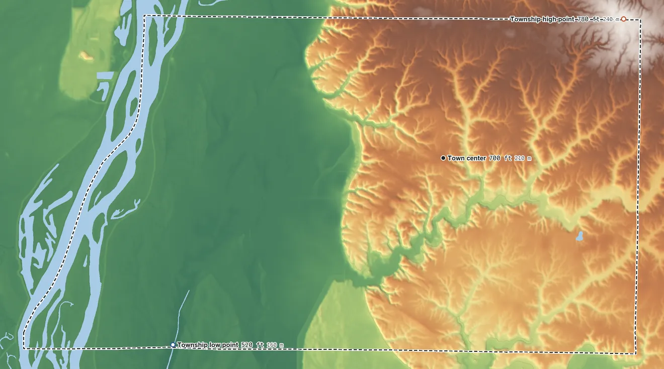 Topographic elevation map of Eliza Township, Illinois, shaded from 520 ft on the southwest side to 780 ft on the northeast side