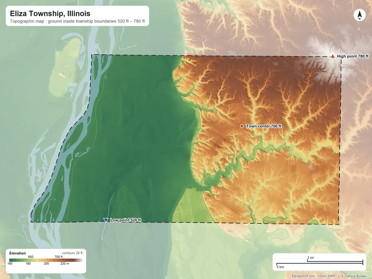Topographic elevation map of Eliza Township, Illinois, shaded from 520 ft on the southwest side to 780 ft on the northeast side