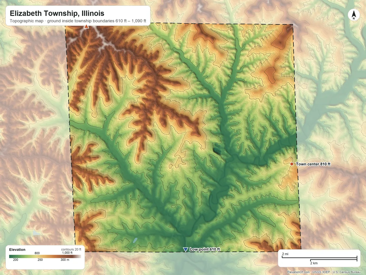 Topographic elevation map of Elizabeth Township, Illinois, shaded from 610 ft on the southwest side to 1,090 ft on the northwest side