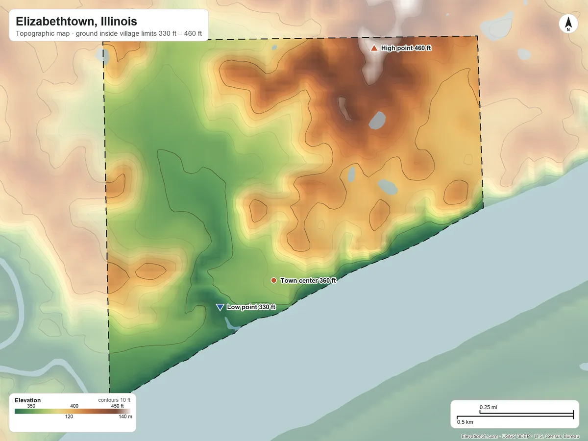 Topographic elevation map of Elizabethtown, Illinois, shaded from 330 ft on the southwest side to 460 ft on the northeast side