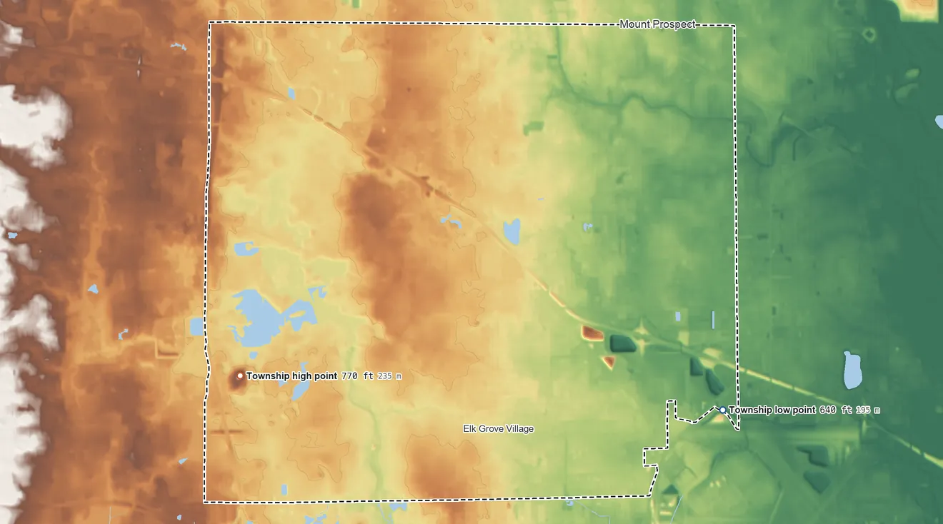 Topographic elevation map of Elk Grove Township, Illinois, shaded from 640 ft on the southeast side to 770 ft on the southwest side