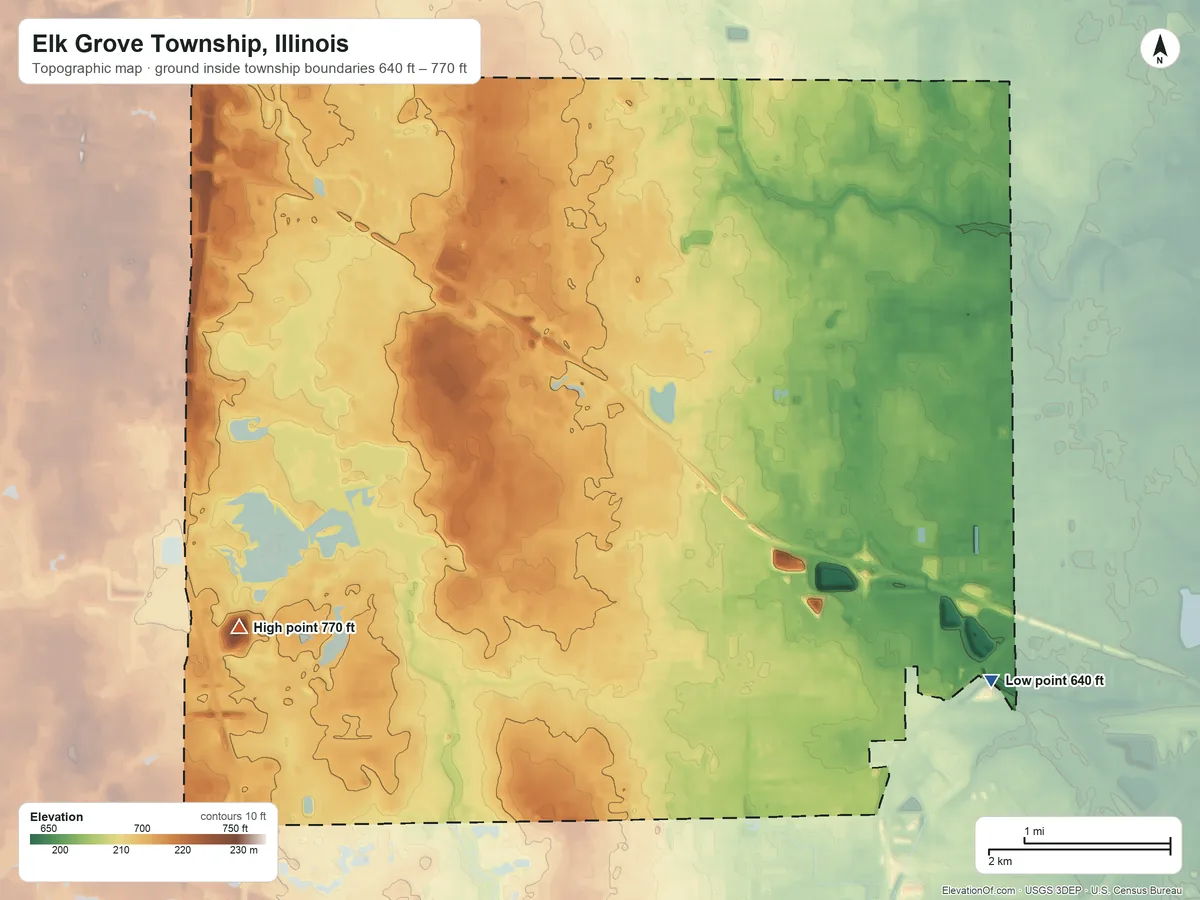 Topographic elevation map of Elk Grove Township, Illinois, shaded from 640 ft on the southeast side to 770 ft on the southwest side