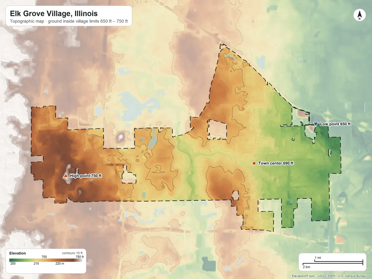 Topographic elevation map of Elk Grove Village, Illinois, shaded from 650 ft on the northeast side to 750 ft on the west side