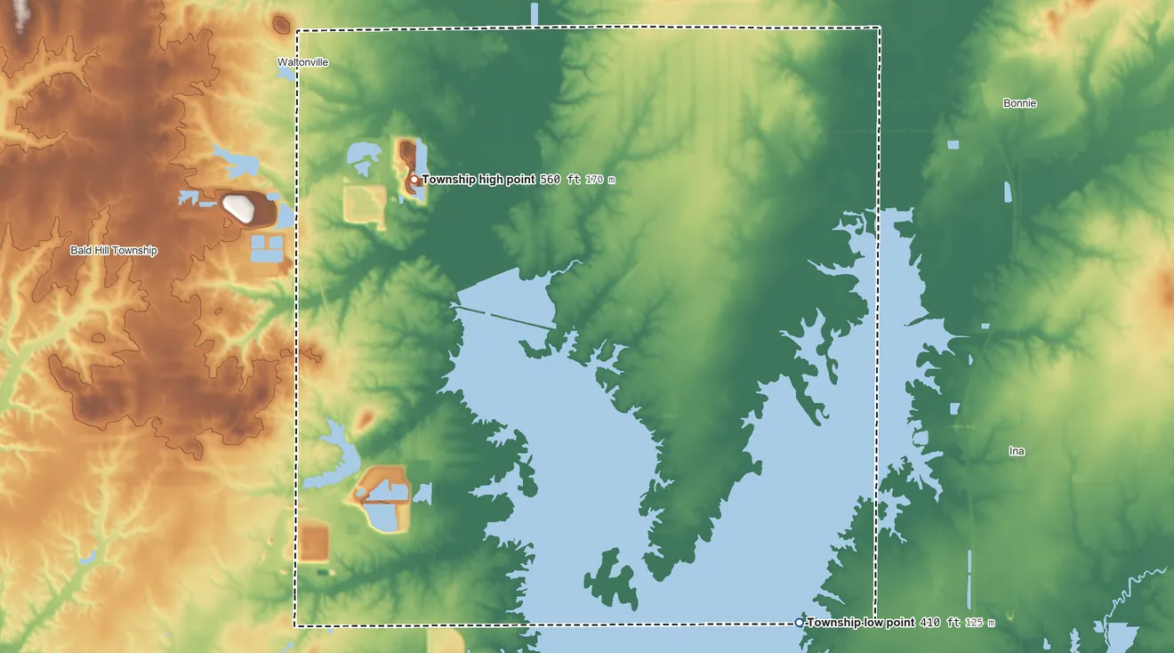 Topographic elevation map of Elk Prairie Township, Illinois, shaded from 410 ft on the southeast side to 560 ft on the west side
