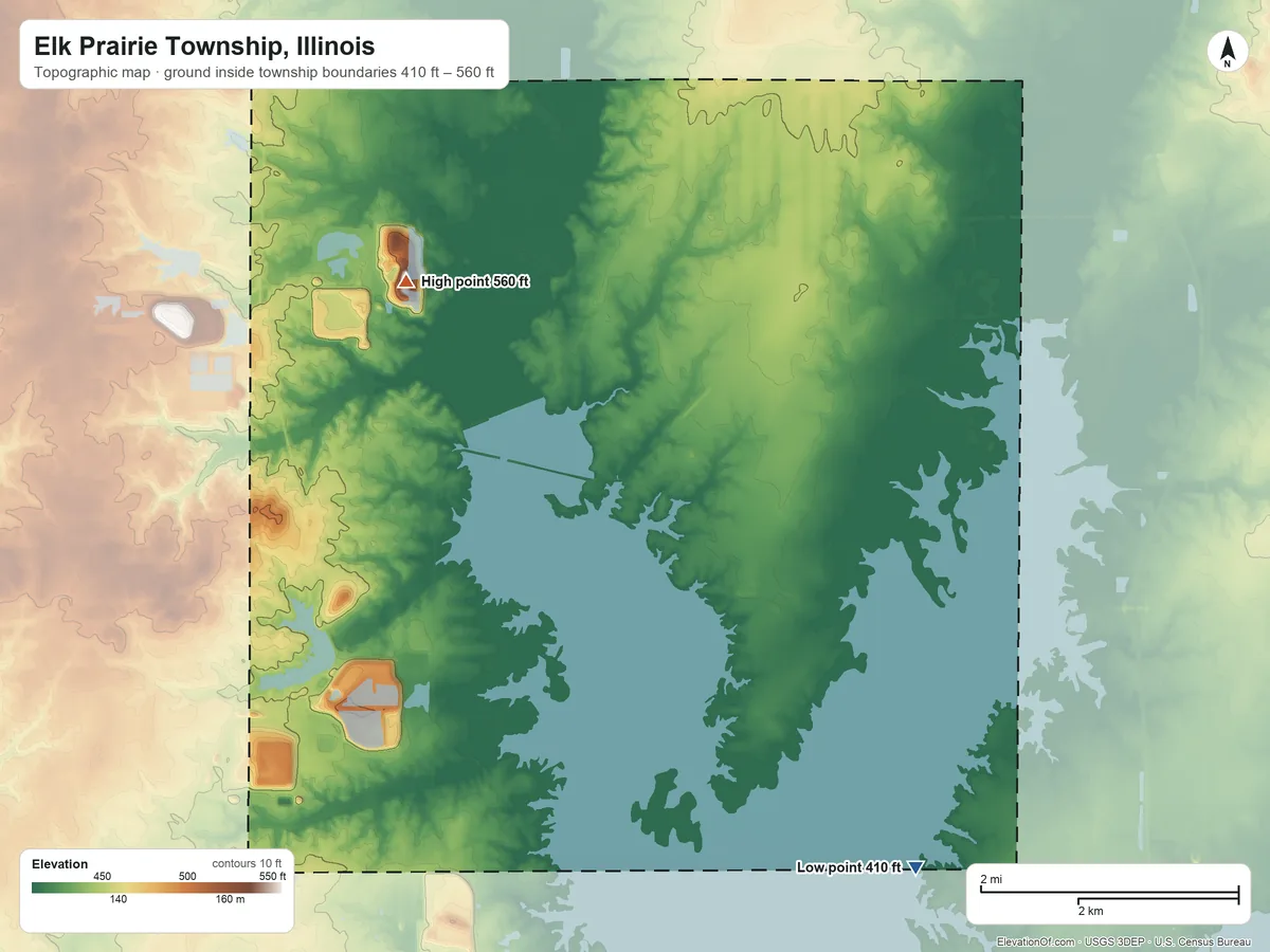 Topographic elevation map of Elk Prairie Township, Illinois, shaded from 410 ft on the southeast side to 560 ft on the west side