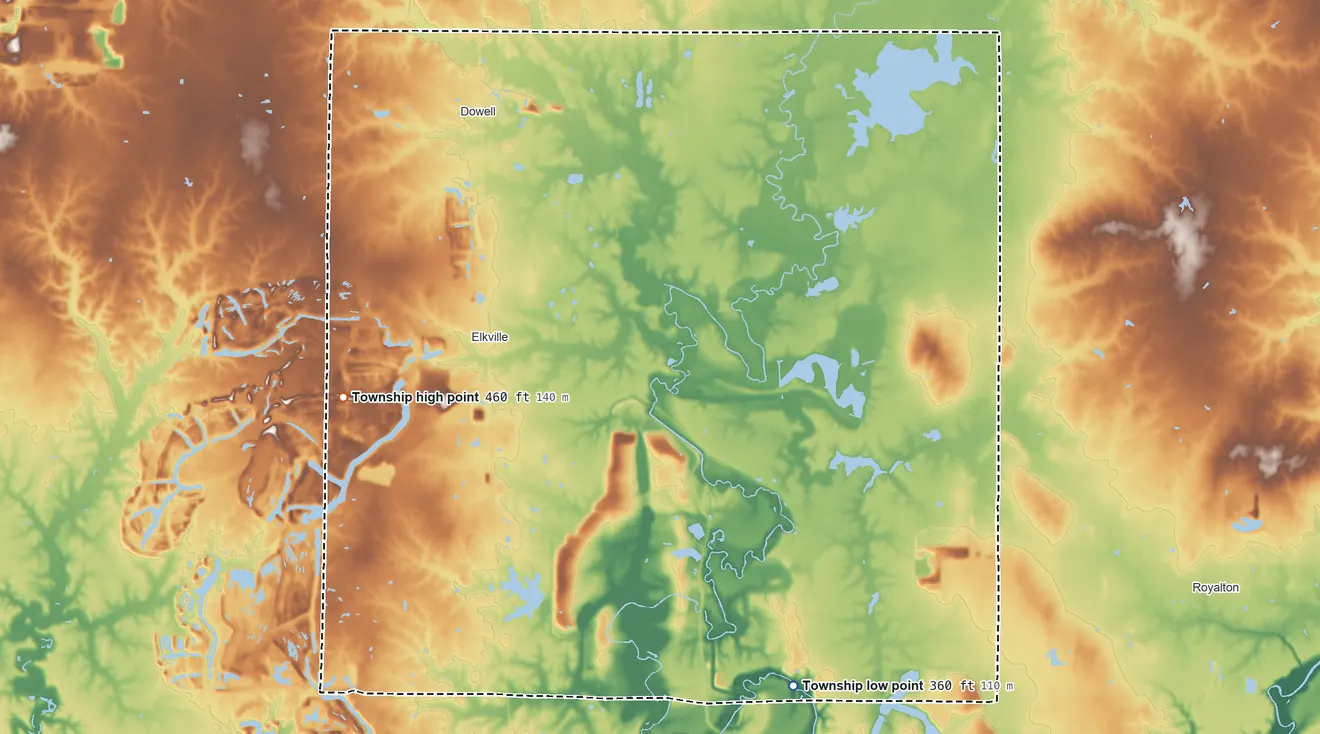 Topographic elevation map of Elk Township, Illinois, shaded from 360 ft on the southeast side to 460 ft on the southwest side