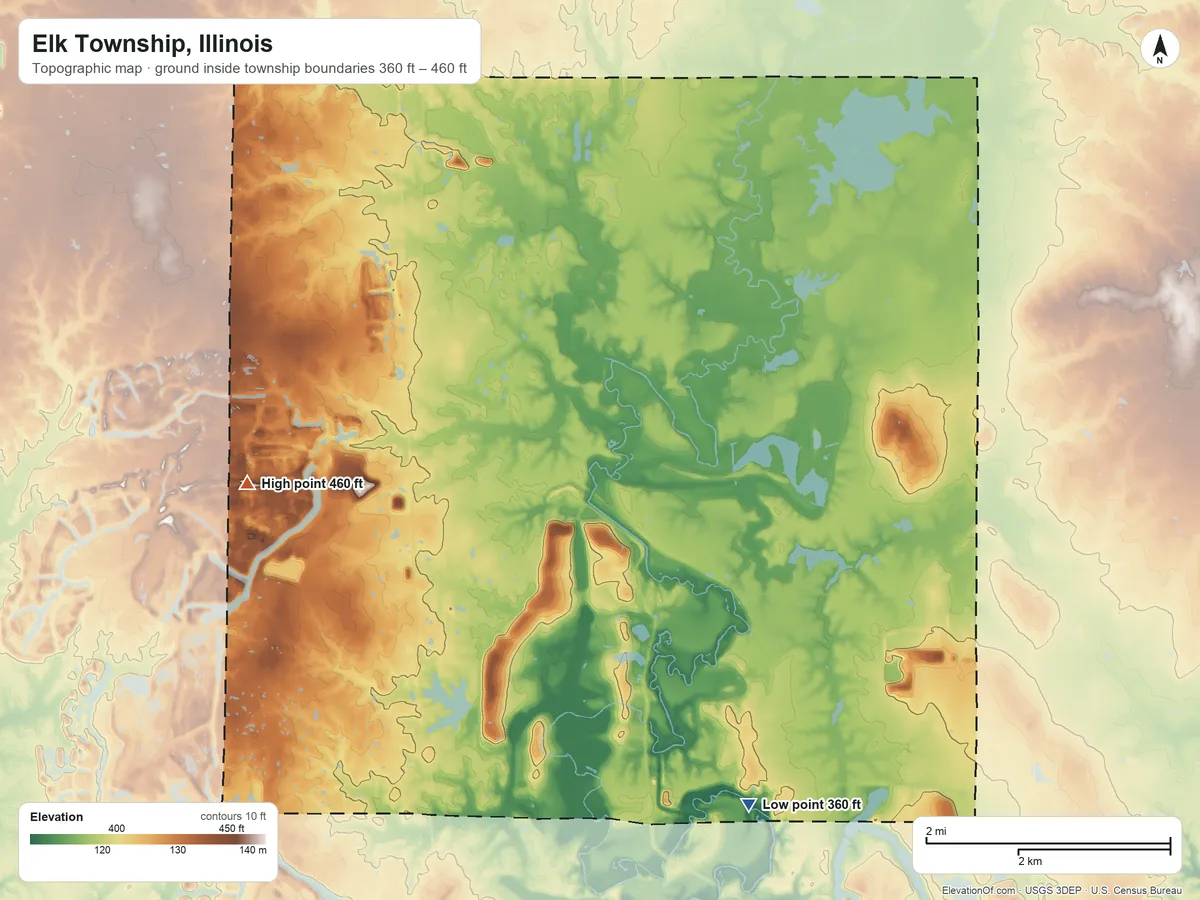 Topographic elevation map of Elk Township, Illinois, shaded from 360 ft on the southeast side to 460 ft on the southwest side