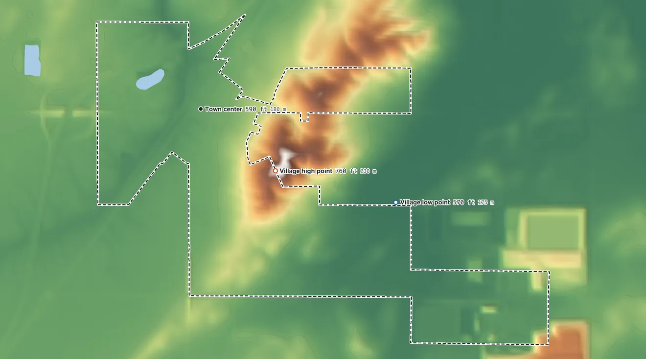 Topographic elevation map of Elkhart, Illinois, shaded from 570 ft on the southeast side to 760 ft on the southeast edge, below higher ground just outside