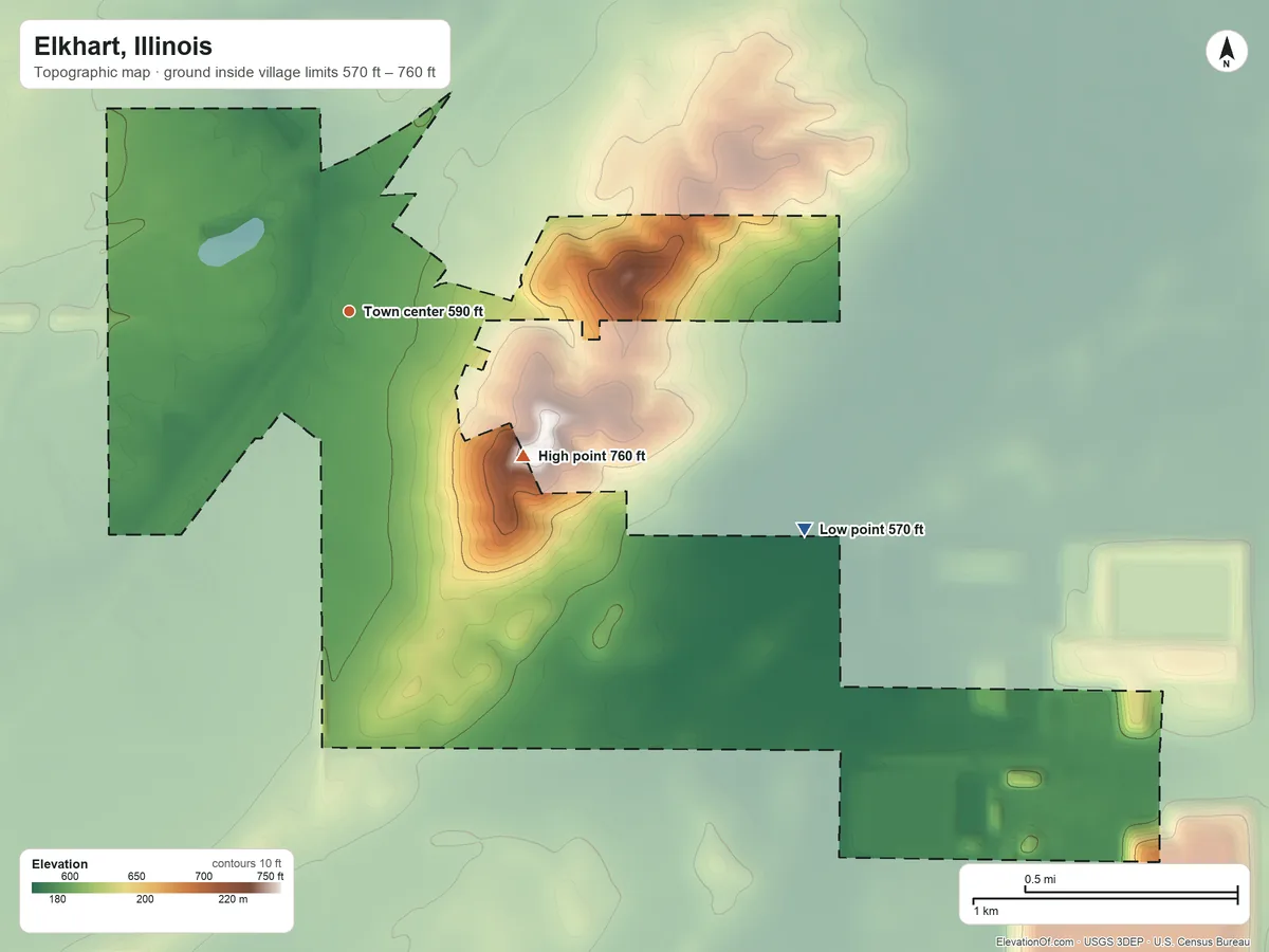 Topographic elevation map of Elkhart, Illinois, shaded from 570 ft on the southeast side to 760 ft on the southeast edge, below higher ground just outside