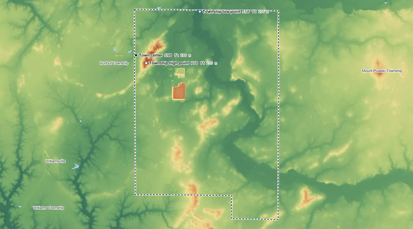 Topographic elevation map of Elkhart Township, Illinois, shaded from 550 ft on the northeast side to 771 ft on Elkhart Hill