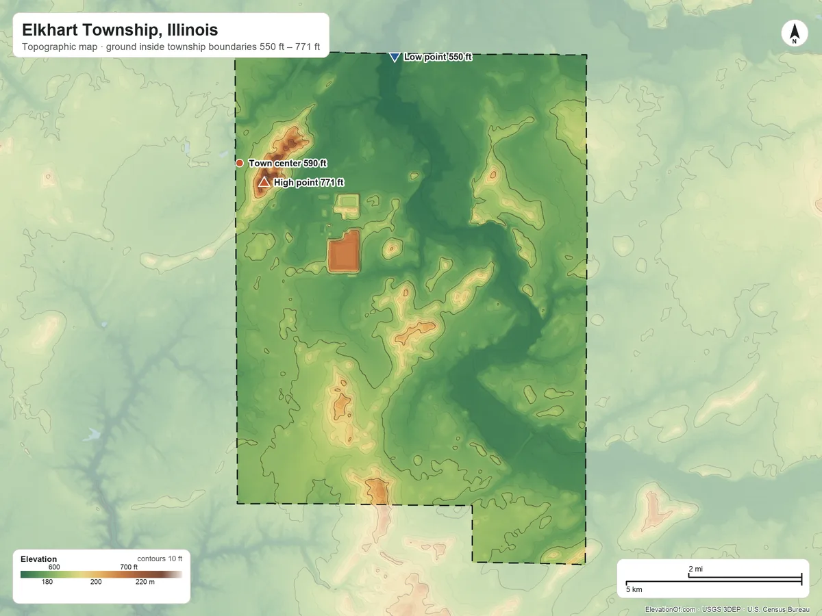 Topographic elevation map of Elkhart Township, Illinois, shaded from 550 ft on the northeast side to 771 ft on Elkhart Hill